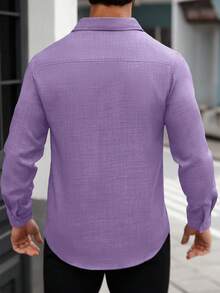 Manfinity Homme Men's Solid Color Fashion Front Button Casual Versatile Long Sleeve Striped Shirt - Violet Purple - View 2