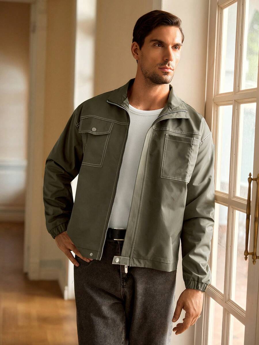Mainfolk Men's Casual Stand Collar Contrast Color Line Utility Jacket, For Fall Winter - Army Green - View 1