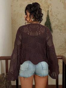 Suéter casual solto com decote redondo e manga comprida plus size feminino - Marrom Chocolate - Ver 2