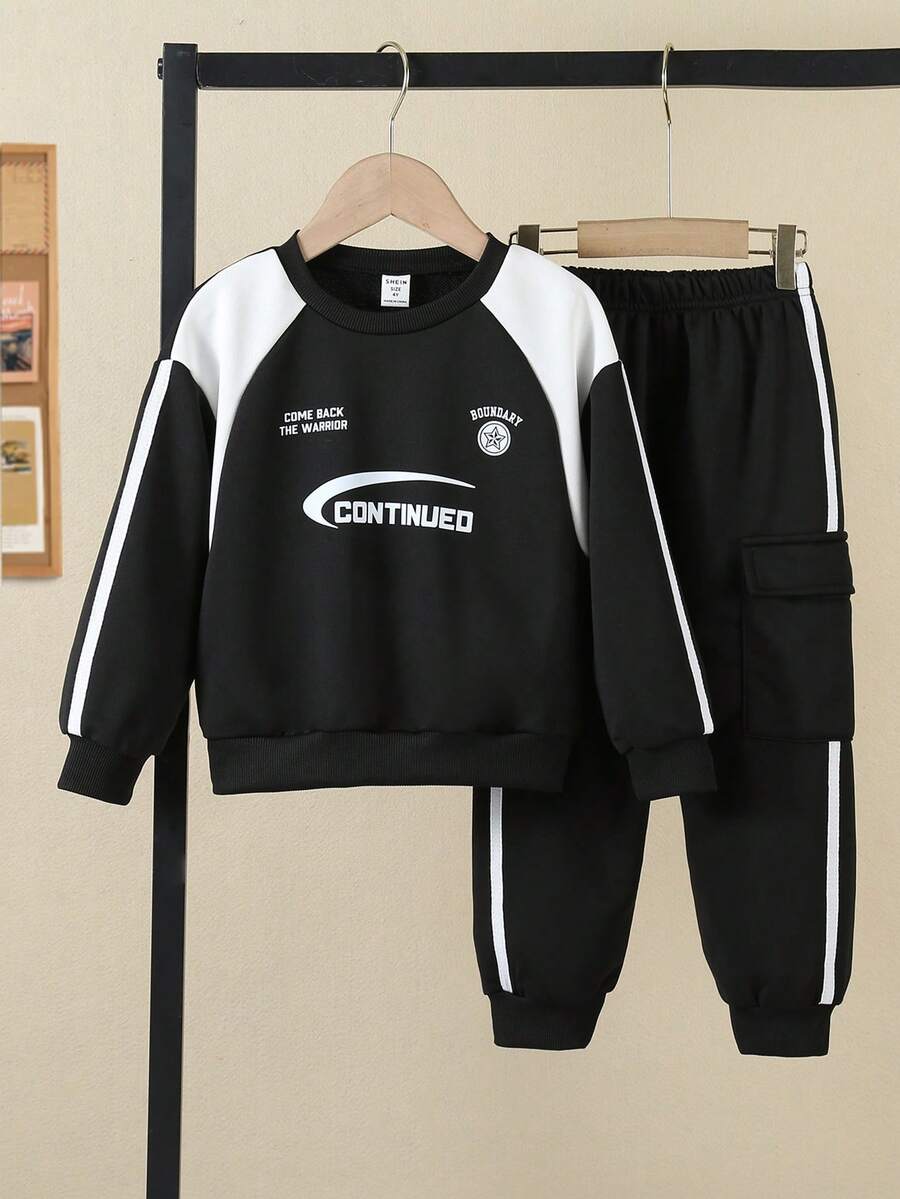 SHEIN Explorewe 2-Piece Toddler Boys' Casual School Style Sweatpants And Hoodie Set, Back To School 2025 Kids' Campus Outfit And Sportswear - Black - View 1