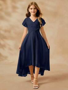 女童优雅V领无袖高腰长款不对称下摆雪纺蓝色连衣裙 - 藏蓝色 - 查看 7