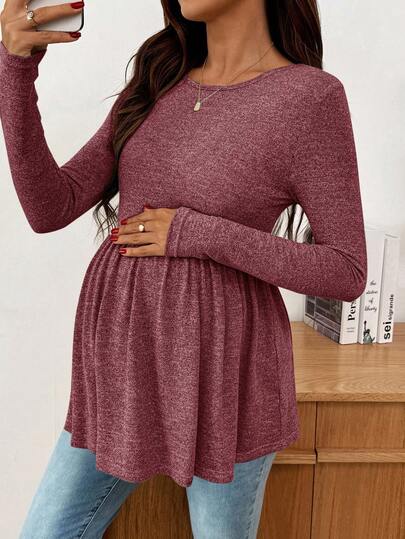 SHEIN Maternity Solid Color Round Neck Long Sleeve Ruffle Hem Casual T-Shirt Long Sleeve Maternity Top Maternity Tops Pregnancy Clothes Maternity Shirts For Women Maternity Clothes Fall Winter