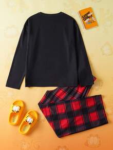GARFIELD | SHEIN 2-teiliges Weihnachts-Katzen- und Geschenkbox-Muster-Top und rot-schwarz karierte Hose Pyjama-Set für Tween-Jungen, Herbst/Winter