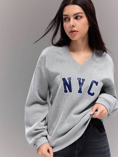 青少年女孩 V 领 T 恤，宽松字母印花长袖 T 恤，时尚休闲套头衫，适合秋冬季、假期、夏季、旅行