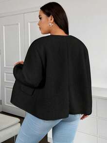 Flirla Plus Size Women Plain Color Long Sleeve Single Breasted Casual Loose Jacket For Autumn, For Winter Fall Cloth For Women - Black - View 2