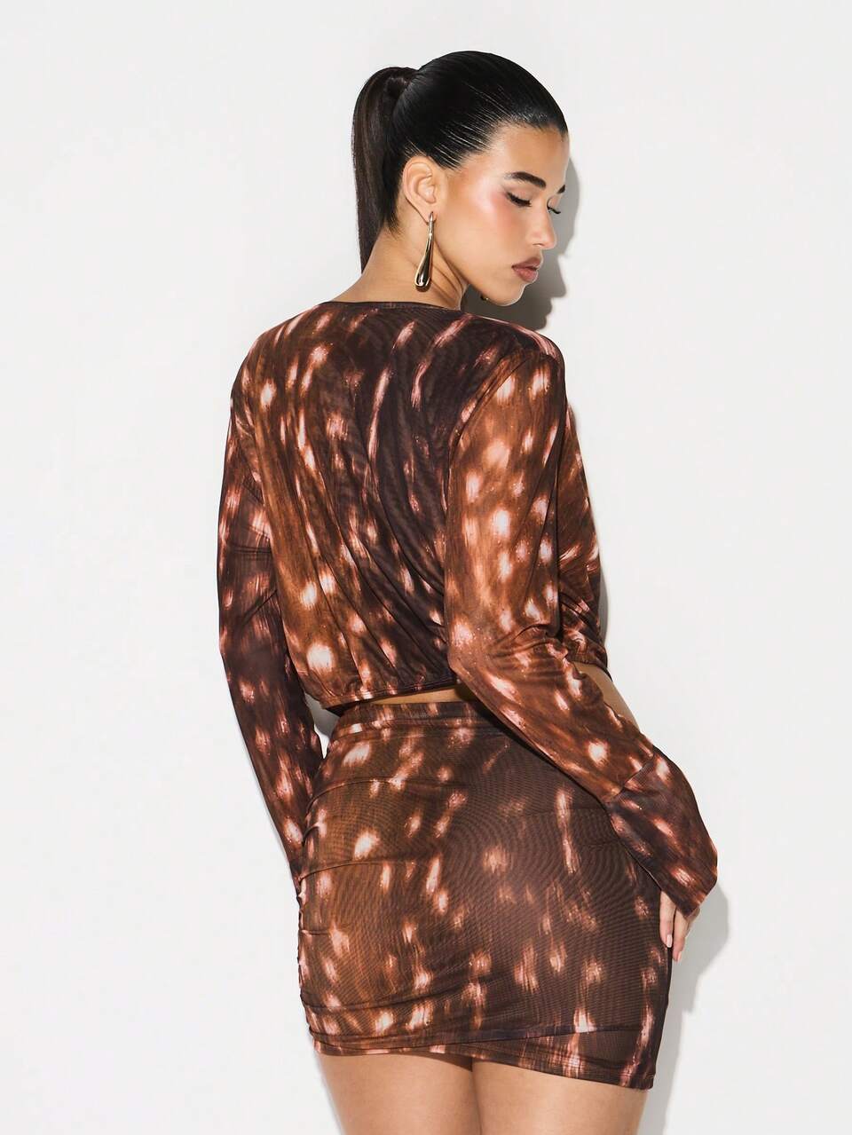 Long Sleeve Mesh Cowl Neck Mini Dress Abstract Print Bodycon Party Clubwear