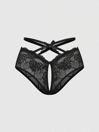 1pc Gothic Heart Lace Bow Crotchless Sexy Panties