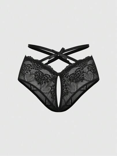1pc Gothic Heart Lace Bow Crotchless Sexy Panties