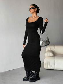 SHEIN Tall Women's Fall/Winter Basic Knit Grey Fitted Square Neck Long Sleeve Dress Long Bodycon Dress Tight Long Dress Slim Dress Black Sexy Dress Women,Dresses For Women Elegant,New Year Dress ,Elegant Party Dresses - Black - View 7