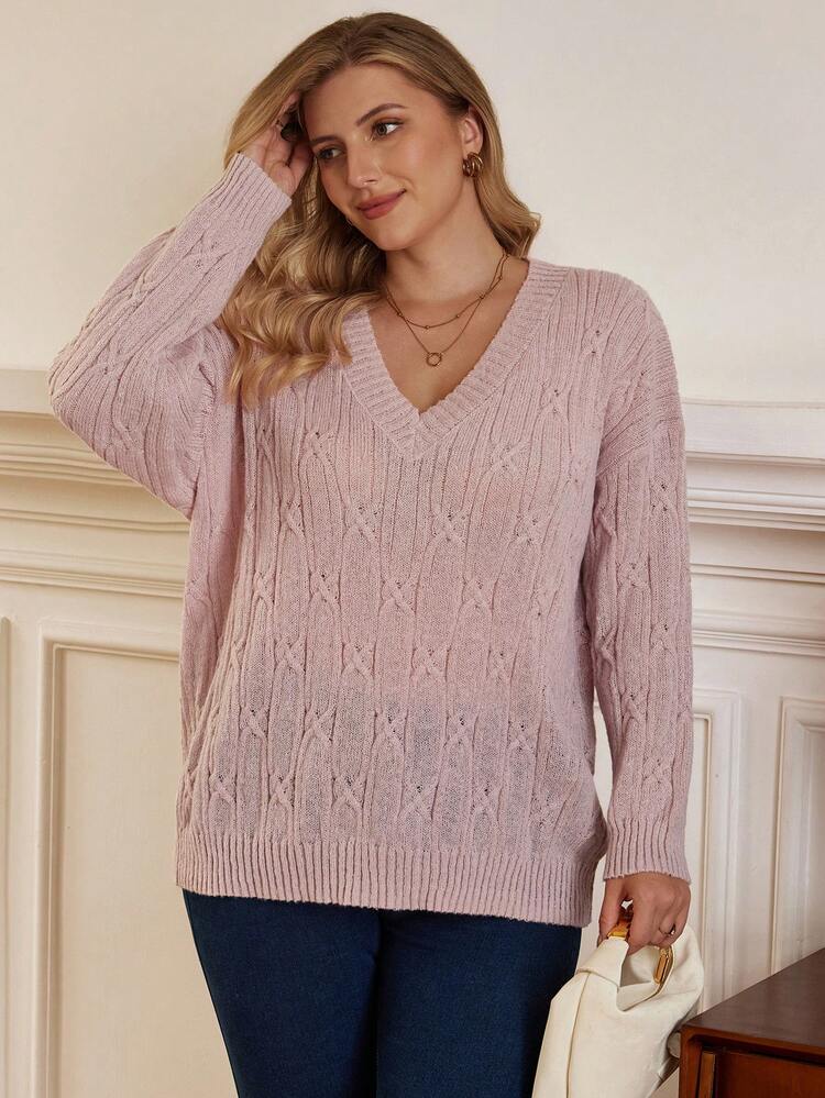 Rosumi 大码休闲宽松V领毛衣，扭针编织，保暖舒适，适合冬季、度假、派对、音乐节、居家穿着、返校活动、作为礼物以及购物。 - 粉色 - 查看 5