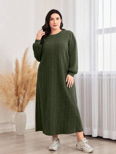 Lacomfia Plus Size Casual Solid Color Textured Loose Fit Crew Neck Sweatshirt Dress, Autumn