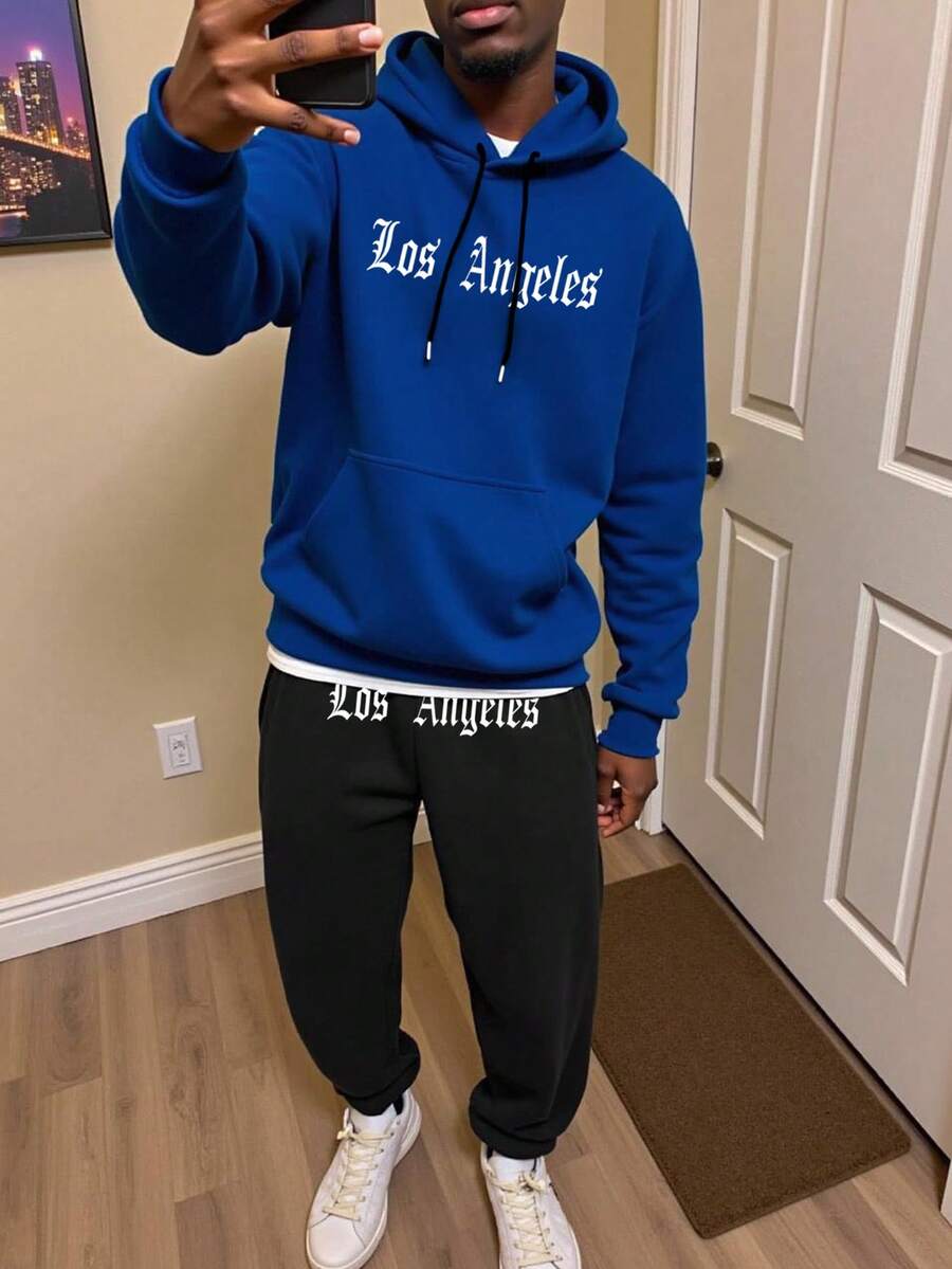 Manfinity LEGND 男士休闲字母印花连帽衫和运动裤两件套，秋冬 - 彩色 - 查看 1
