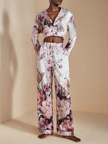 JIAN LASALA 多色印花缎面丝绸般低腰弹力阔腿睡裤睡衣奢华时尚服饰系列优雅下装 - 彩色 - 查看 5