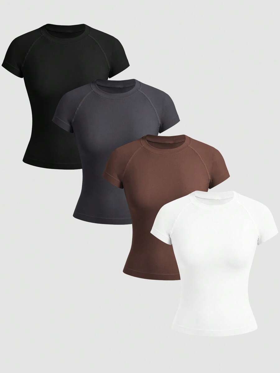 Gameset SHEIN Sport 女式纯色圆领插肩短袖无缝运动T恤 - 彩色 - 查看 1