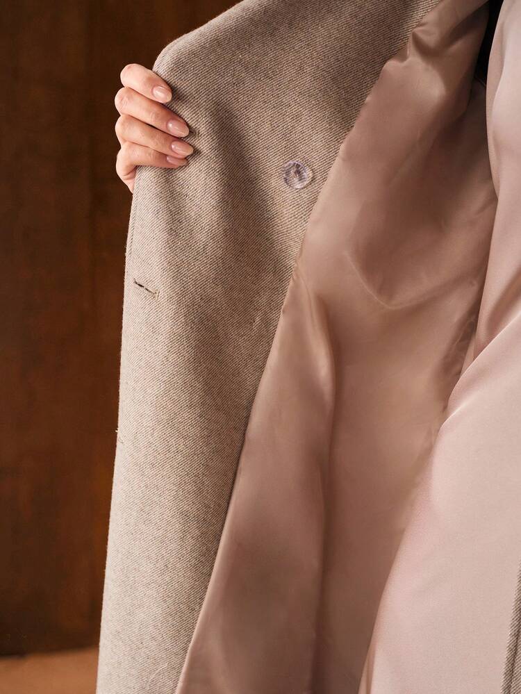 Elegant Long Woolen Coat With Rhinestone Decor And Tie Waist, Autumn/Winter