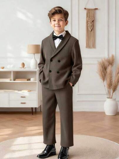SHEIN 2pcs/Set Boys' Gentleman Suit, Double-Breasted Casual Style, Suitable For Outings, Parties, And Business Occasions