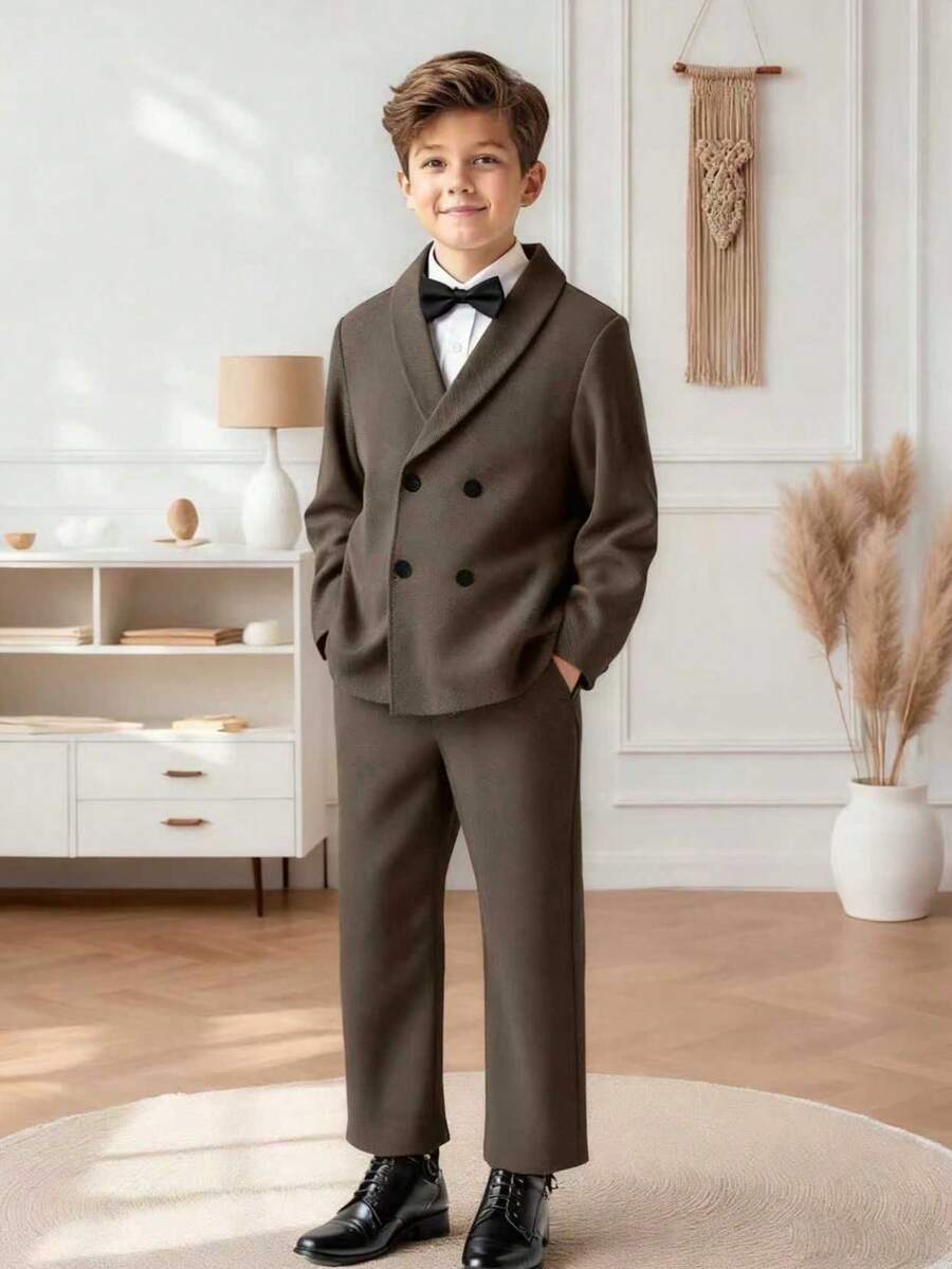 SHEIN 2pcs/Set Boys' Gentleman Suit, Double-Breasted Casual Style, Suitable For Outings, Parties, And Business Occasions