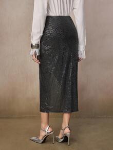 Modelyn Women's Elegant Mid-Length High Waist Fitted Sequin Black Skirt, Stylish And Slimming For Autumn - Black - View 2