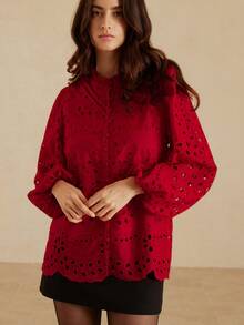 Aveloria Rosie 新款秋季法式休闲奢华刺绣镂空百褶前长袖衬衫 - 紅色 - 查看 3