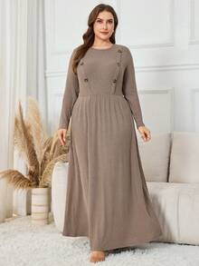 Lacomfia 大码女式休闲针织羊毛连衣裙 - 卡其色 - 查看 6