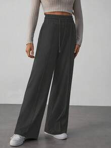 SHEIN Tall Solid Drawstring Waist Wide Leg Sweatpants - Dark Grey - View 6