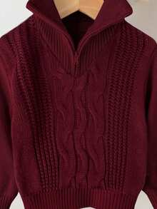 SHEIN Baby Boy/Girl Burgundy Autumn/Winter Collegiate Vintage Textured Intarsia Solid Color Knit Soft Mock Neck Zip-Up Long Sleeve Pullover Top, Soft & Comfortable For School, Home, Outings, New Year Baby Clothes Girl Fall Sweater Toddler Sweaters Baby Boy Burgundy Clothes Baby Boy Sweaters Baby Solid Color Knitted Sweater - Burgundy - View 10
