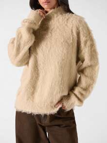 LYSMO 2025 Nova Chegada Minimalismo Inverno Mulheres Cor Sólida Gola Alta Manga Longa Casual Solto Moda Tricô Suéter Top de Pele Gola Alta Suéter de Gola Alta Inverno para Mulheres Olhar de Ano Novo e Natal - Cinza - Visão 4