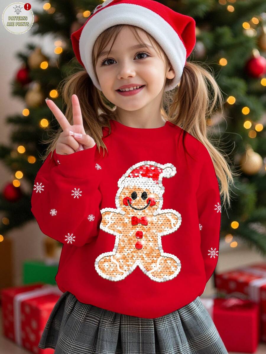 SHEIN Wesołych Świąt, Młoda Dziewczęca Swobodna Minimalistyczna Świąteczna Uroczy Piernikowy Ludzik, Płatek Śniegu, Czerwona Świąteczna Luźna Wygodna Codzienna Dzianinowa Bluza Z Długim Rękawem, Odpowiednia Na Jesień/Zimę