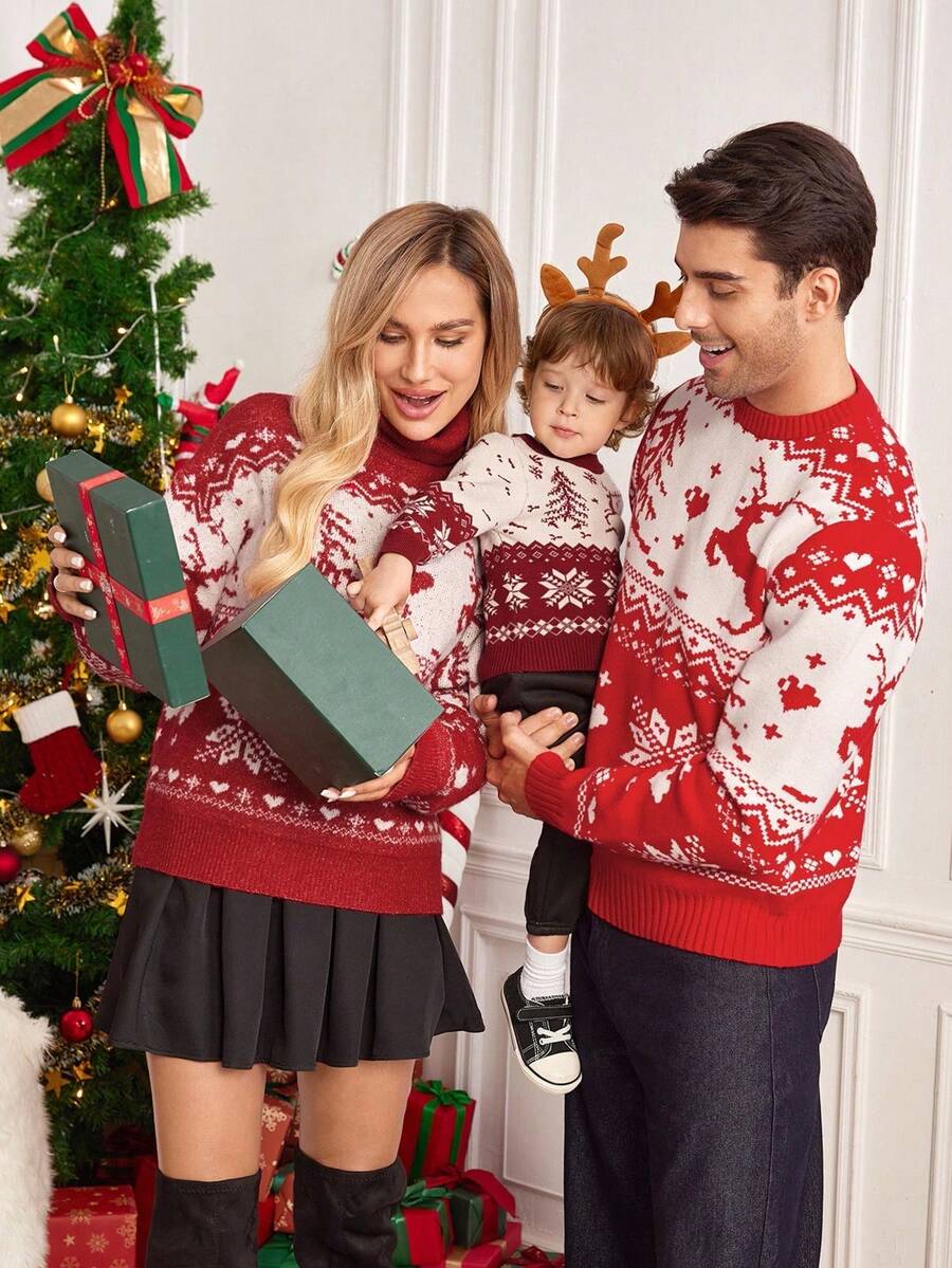 SHEIN 男婴/女婴休闲可爱雪花驯鹿圣诞铃铛圣诞树提花图案套头衫，适合秋冬季、居家、郊游、圣诞派对、丑陋的圣诞毛衣、家庭装、妈妈和我（3 件单独出售） - 紅色 - 查看 1