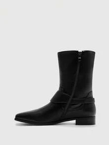 CUCCOO BIZCHIC Women's Buckle Design Pointed Toe Chunky Heel Mid-Calf Boots, Fashionable For Daily Wear - Black - View 9