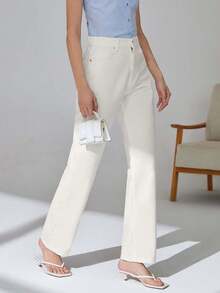 EURMUSE 100%Cotton Slant Pocket Straight Leg Jeans - White - View 3