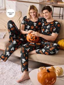 CoupledUp Halloween Pumpkin & Letter Print Crew Neck Short Sleeve Top And Pants 2 Pieces Pajama Set - Multicolor - View 1