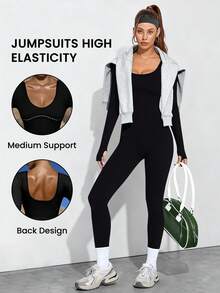 Dewbera 1 buah Jumpsuit/Romper Tanpa Jahitan Warna Hitam Dasar dengan Desain Bergaris, Menyerap Keringat, Cocok untuk Olahraga, Kebugaran, dan Yoga - Hitam - View 1