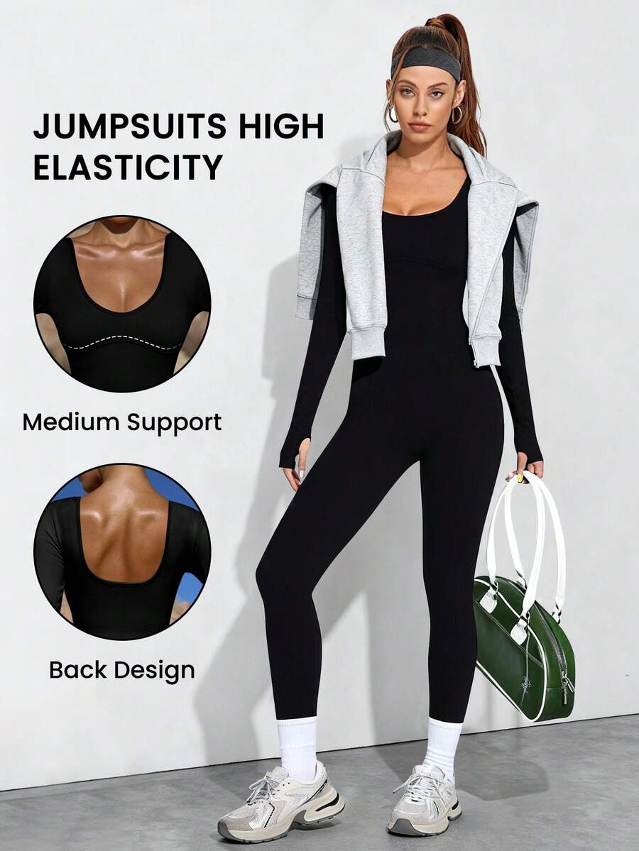 Dewbera 1 buah Jumpsuit/Romper Tanpa Jahitan Warna Hitam Dasar dengan Desain Bergaris, Menyerap Keringat, Cocok untuk Olahraga, Kebugaran, dan Yoga - Hitam - View 1