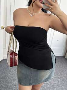 CovetEZ Kích thước lớn Đen Xếp li Khe Quây Đan Co giãn Áo - màu đen - Xem 5