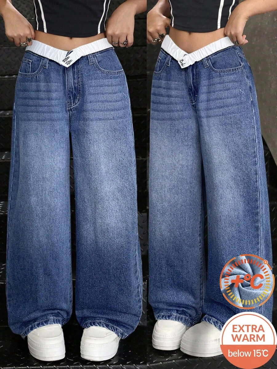 SHEIN 少女时尚休闲 Y2K 复古酷炫街头风,适合返校、大学、休闲穿着。宽松舒适的白色橡皮筋拼接腰带,内里抓绒面料,保暖舒适,柔软亲肤,适合日常穿着、秋冬季节、锐舞派对和街头潮流。 - 藍色 - 查看 1