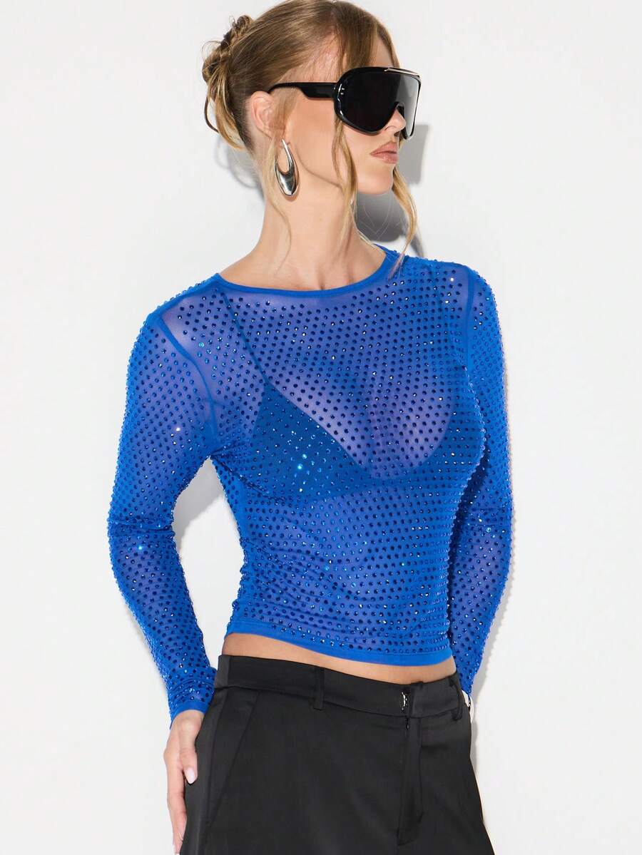 Top de manga larga con cuello redondo, con aplicaciones de lentejuelas y malla, para fiestas y clubes - Azul - Ver 1