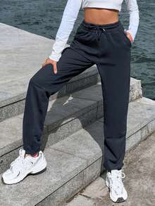 EURMUSE Women's Casual Solid Color Drawstring Waist Slant Pocket Jogger Sweatpants - Navy Blue - View 3