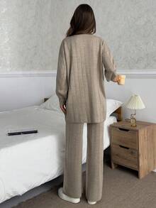 EURMUSE Muted Taupe Textured Knit Co-Ord With Drop-Shoulder Short Sleeve Top And Relaxed Fit Pants Featuring Subtle Vertical Ribbing - Mocha Brown - View 6