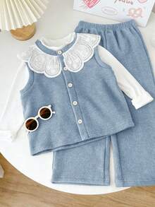 Genkimix Kids 3 件套 Genkimix 女童荷叶边领纯色上衣 + 碎花领装饰休闲纽扣背心 + 纯色直筒裤 - 藍色 - 查看 4