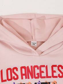 SHEIN Explorewe 女童两件套休闲装，粉色连帽运动衫，印有“LOS ANGELES U.S.A”和“77”图案，搭配带有“77”装饰的喇叭裤，复古风格女童运动服套装，适合日常穿着和学校活动，秋冬季 - 粉色 - 查看 5