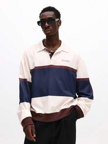 SUMWON Long Sleeve Striped Polo Shirt With Ribbed Cuffs And Hem Casual Colorblock Design Plain - Multicolor - View 5