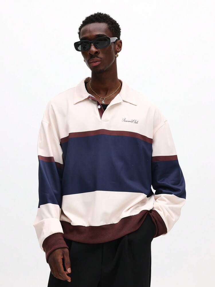 Long Sleeve Striped Polo With Ribbed Details