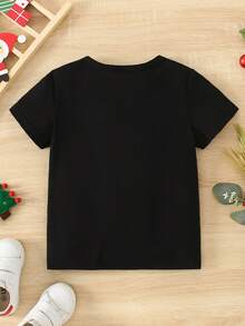 SHEIN Áo thun tay ngắn in họa tiết hoạt hình dễ thương hình người tuyết và ông già Noel cho bé trai phong cách Giáng sinh vui vẻ, thích hợp cho tiệc Giáng sinh - màu đen - Xem 2