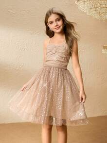 女童闪亮无袖连衣裙，后背蝴蝶结，公主薄纱裙，适合生日派对 - 卡其色 - 查看 1