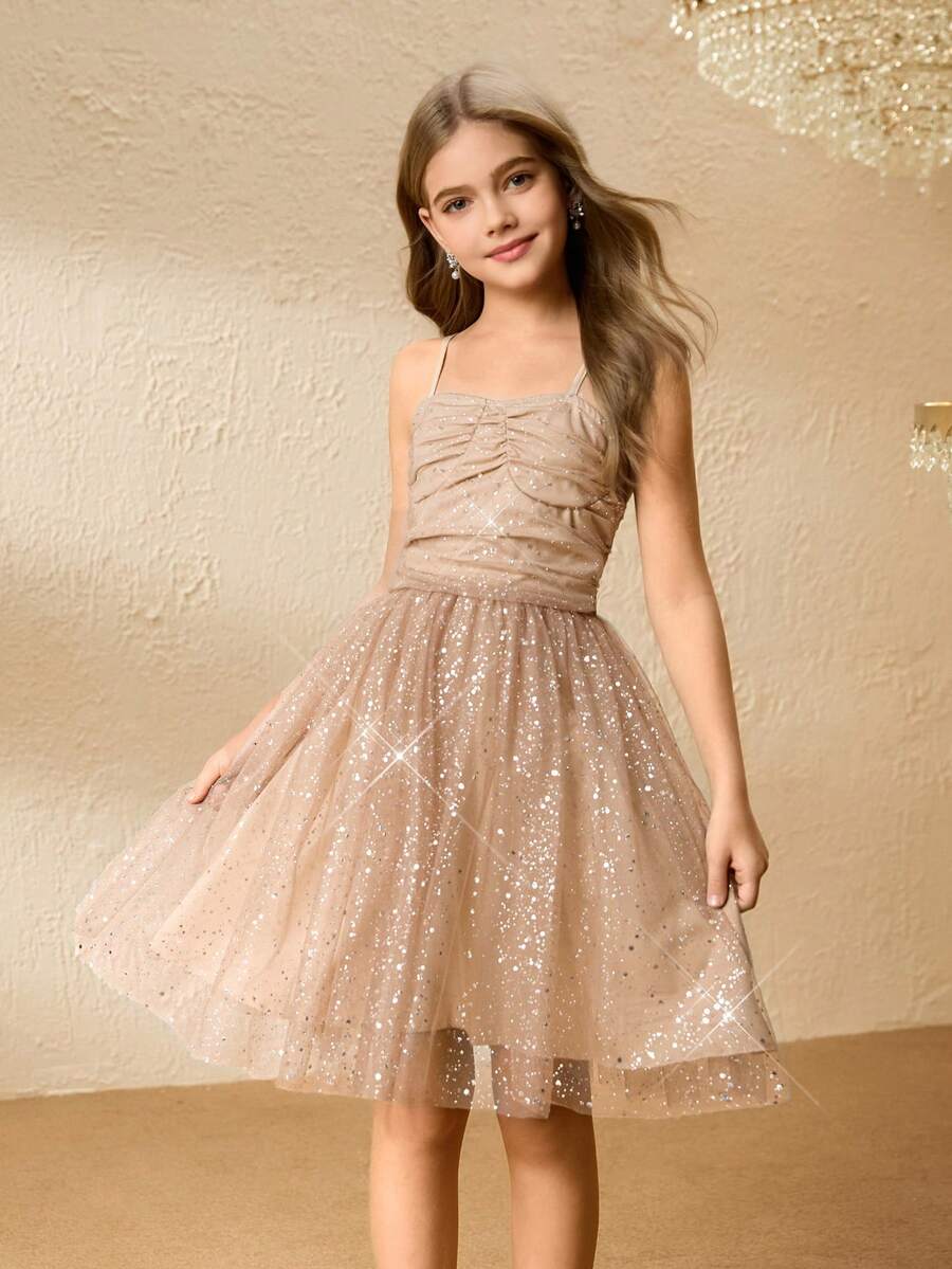 女童闪亮无袖连衣裙，后背蝴蝶结，公主薄纱裙，适合生日派对 - 卡其色 - 查看 1