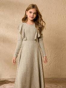 Tween Girl' Round Neck Long Sleeve Ruffle Waist Elegant Halloween Christmas Dress - Grey - View 6
