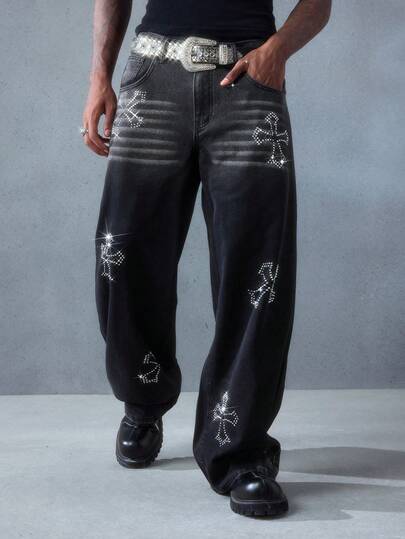 Street Life Jeans décontractés à jambe large et coupe ample avec ornements de strass en forme de croix, style grunge