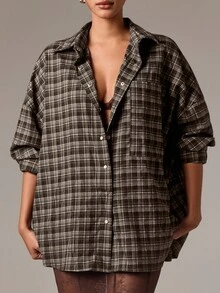 AiiRZ Oversized Checked Shirt With Patch Pocket Button Down Long Sleeve Fall Winter Blouse