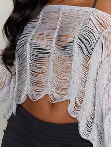 MUSERA 斜领破洞流苏串珠长袖上衣，西部乡村街头风，适合节日、优雅、Y2K、性感、可爱、90年代波西米亚风、中西部、晚宴和派对等场合。 - 灰色 - 查看 2